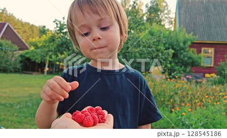 Parental care, mom gives her son organic berries. Cute funny toddler boy eating raspberry. little child is eating raspberries in garden. 128545186