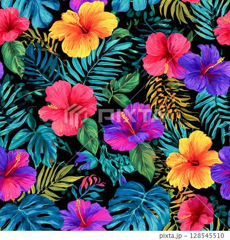 Vibrant Tropical Floral Pattern with Hibiscus and Monstera Leaves 128545510