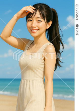 海辺で笑顔で振り返る女性 128545526