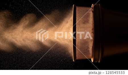 Macro Dust Particle Dispersion Through Vintage Textile Mesh Filter Isolated on Black Background 128545533