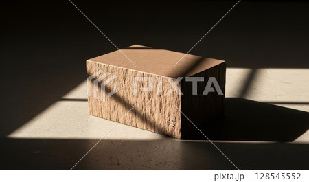 Minimalist Wooden Block with Dramatic Shadow on Textured Surface Artistic Architectural Lighting Study Minimalist Wooden Block with Dramatic Shadow on Textured Surface Artistic Architectural Lighting Study 128545552