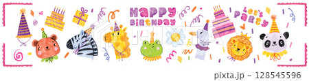 Kids animal happy birthday party print hand drawn baby cute celebration character set, funny giraffe 128545596