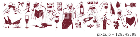 Wine glass doodle set, woman holding alcohol cocktail, hand drawn winery tasting line illustration.  128545599