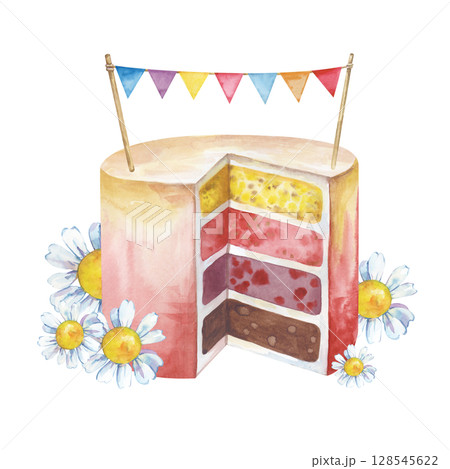 A bright birthday cake with colorful flags and daisy flowers. Watercolor illustration with a cake and wildflowers on a white background. A template for greeting cards, invitations, and scrapbooking. 128545622