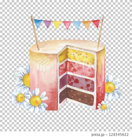 A bright birthday cake with colorful flags and daisy flowers. Watercolor illustration with a cake and wildflowers on a white background. A template for greeting cards, invitations, and scrapbooking. 128545622