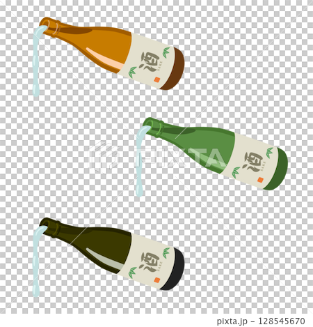 Pouring sake bottles set (black, green, brown) flat isometric illustration 128545670