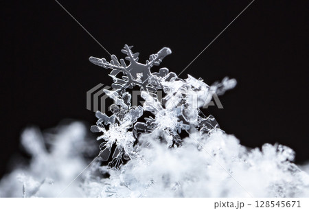 Macro snowflakes showing intricate winter details on dark background 128545671