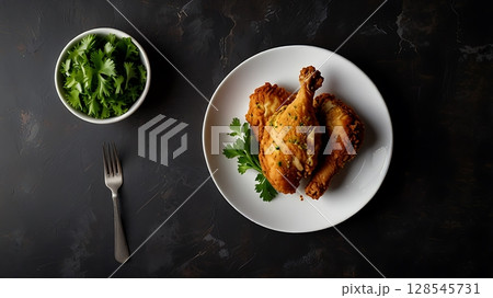 Full Broast Chicken with Golden Crunchy Skin and Lemon Parsley Garnish on White Plate in Modern Rustic Food Photography 128545731