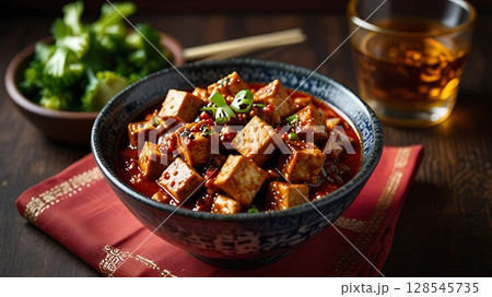 Traditional Mapo Tofu in Red Chili Oil with Ground Pork Served in Chinese Bowl Shot from Tilted Side Angle in Bold Lighting 128545735