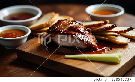 Crispy Sliced Peking Duck on Wooden Board Served with Pancakes Scallions and Sauce in Rich Warm Light and Soft Shadows 128545737