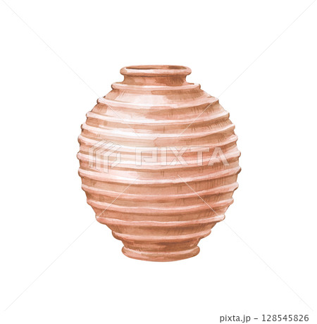 A rounded clay flower pot with a beautiful texture is hand-painted. The watercolor illustration is isolated on a white background. A brown vessel for use on a farm and in agriculture. Clipart. 128545826