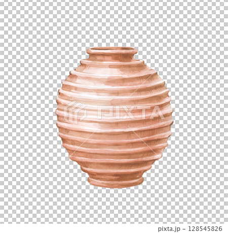 A rounded clay flower pot with a beautiful texture is hand-painted. The watercolor illustration is isolated on a white background. A brown vessel for use on a farm and in agriculture. Clipart. 128545826