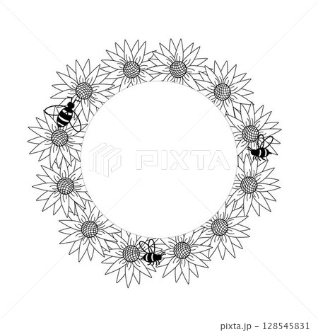 Sunflower and bee Frame circle round template. Vector graphic line illustration. for greeting card, eco packaging, seasonal print Joyful Flower design element with meadow plant Sunflower and bee Frame circle round template. Vector graphic line illustration. for greeting card, eco packaging, seasonal print Joyful Flower design element with meadow plant 128545831