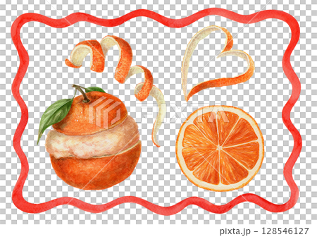 Set with orange slice sorbet and twisted peel in woven frame. Hand drawn watercolor food illustration of bright citrus. Ideal for summer card design or holiday menu and tropical invitation art. 128546127