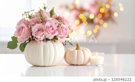 ハロウィン　ペールピンクのばらのフラワーアレンジメントと白かぼちゃ 128546222