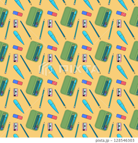 Seamless pattern with pencil cases, pens, pencils, erasers, and sharpeners on yellow background. For back to school theme, school supplies or stationery design, textile print, and wrapping paper. Seamless pattern with pencil cases, pens, pencils, erasers, and sharpeners on yellow background. For back to school theme, school supplies or stationery design, textile print, and wrapping paper. 128546303