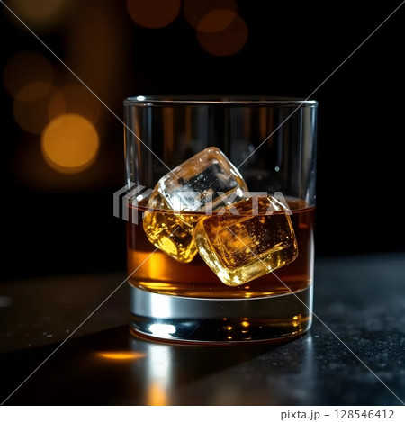Glass of whiskey with ice cubes on dark background 128546412