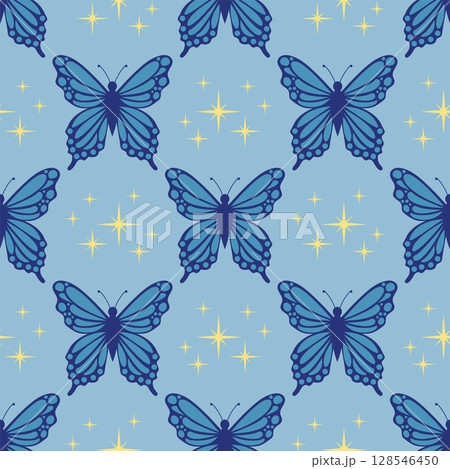 Seamless pattern with blue butterfly and tiny star in polka dot order in flat cartoon style. 128546450