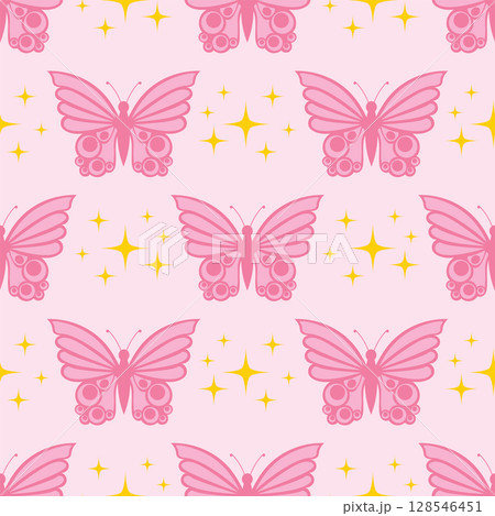Seamless pattern with pink butterfly and tiny star in polka dot order in flat cartoon style. 128546451