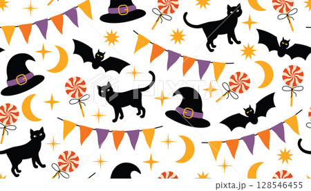 Seamless cute Halloween pattern with lollipop, witch hat, black cat, buntings, tiny stars on white background. Seamless cute Halloween pattern with lollipop, witch hat, black cat, buntings, tiny stars on white background. 128546455