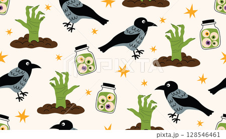 Cute Halloween seamless pattern with zombie hands, eyeballs in bottles, crows and tiny stars scattered in messy order. 128546461