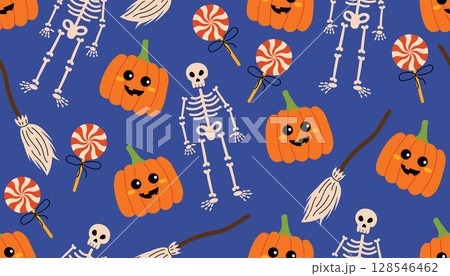 Cute Halloween seamless pattern with twisted lollipops, carved pumpkins, witch brooms and skeletons. Cute Halloween seamless pattern with twisted lollipops, carved pumpkins, witch brooms and skeletons. 128546462