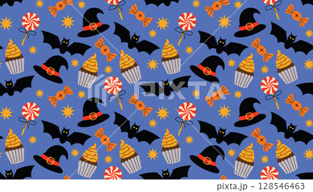 Cute Halloween seamless pattern with twisted lollipop, candies, cakes, witch hats, bats and tiny stars on dark blue background. 128546463