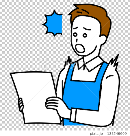 書類を見て驚くエプロン姿の男性 書類を見て驚くエプロン姿の男性 128546609