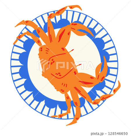 Red crab on blue plate. Seafood italian style. 128546650