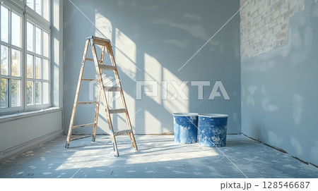 Home renovation setup with blue wall paint, buckets, and ladder in a sunny unfinished room 128546687