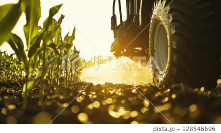 Tractor irrigating green corn rows with sprayer in a rural field at golden hour light 128546696