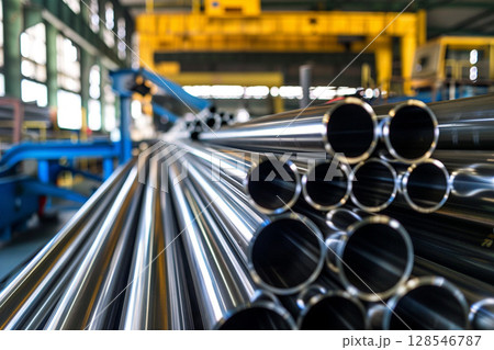Stack of polished metal pipes inside a modern industrial warehouse, focus on steel texture. Stack of polished metal pipes inside a modern industrial warehouse, focus on steel texture. 128546787