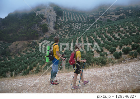 Couple Trekking in Mountainous Landscape with Hiking Poles Couple Trekking in Mountainous Landscape with Hiking Poles 128546827
