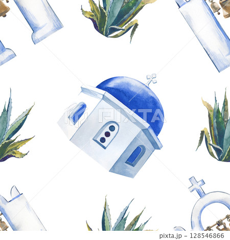 Watercolor seamless pattern of domes, bell towers of Greece and aloe vera. An illustration with national attractions. A template for wallpapers, booklets, gift wrapping, and scrapbooking. 128546866