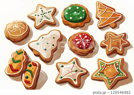 Colorful decorated gingerbread cookies in various festive shapes including stars, trees, and snowflakes, arranged on a light background, perfect for holiday celebrations and seasonal treats 128546982