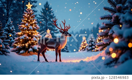 Majestic reindeer standing in a snowy forest surrounded by illuminated Christmas trees, creating a magical winter wonderland atmosphere with soft falling snowflakes 128546983