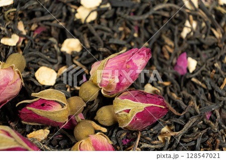 Natural Herbal Tea Blend. Black Tea with Ginseng and Rose. Natural Herbal Tea Blend. Black Tea with Ginseng and Rose. 128547021