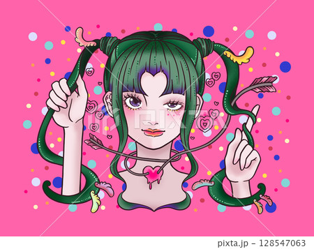 ツインテールのウィンクする女の子　ピンク背景 128547063