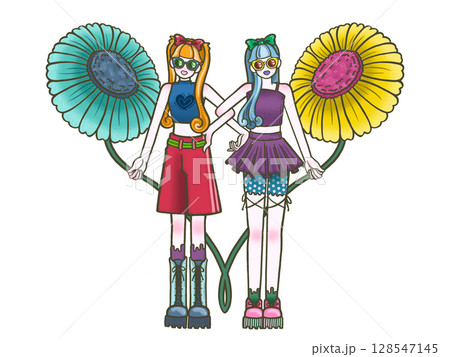 お花と仲良しな二人の女の子 友達 双子 白背景 お花と仲良しな二人の女の子 友達 双子 白背景 128547145