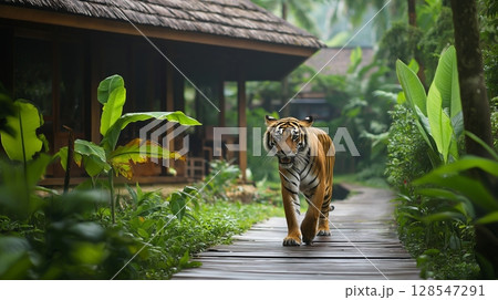Majestic tiger walking on wooden path in tropical jungle near traditional house. 128547291