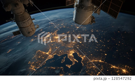 Vibrant night view of Europe showcasing urban areas and landscapes from space 128547292