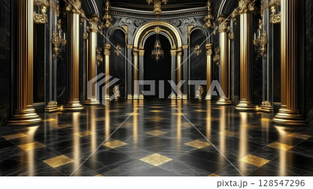 Elegantly designed palace black hall with marble floor and golden columns 128547296