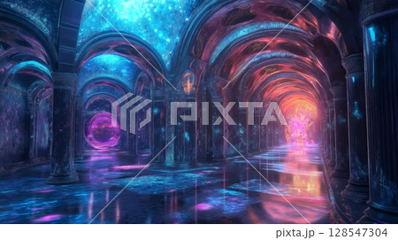 Vibrant crystal tunnel illuminated by glowing hues in a surreal underwater fantasy interior 128547304
