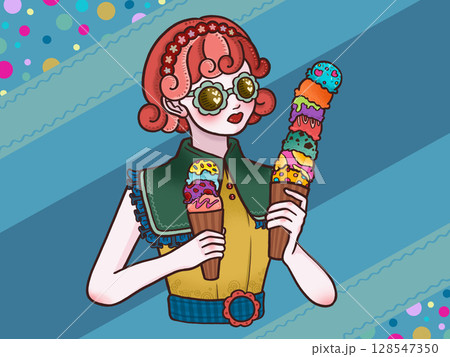 カラフルなアイスクリームを持つ女の子　水色背景　柄 128547350
