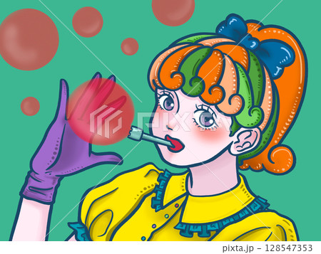 シャボン玉と女の子　緑背景 128547353