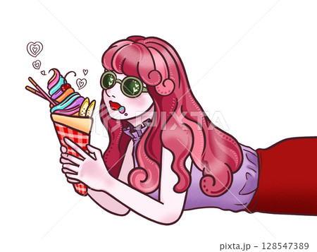 クレープを食べる女の子　白背景 128547389
