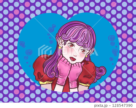 かわいいポーズの女の子　愛嬌　紫背景　水色ハート 128547390