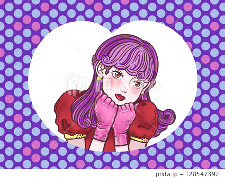 かわいいポーズの女の子　愛嬌　紫背景　白色ハート 128547392