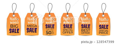 Set of isolated vector realistic Halloween sale tags. Orange tags with special offers. Big sale, mega sale, special price Set of isolated vector realistic Halloween sale tags. Orange tags with special offers. Big sale, mega sale, special price 128547399
