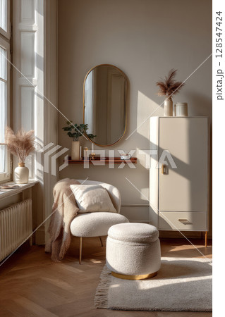 Dressing area with oval wall mirror, wooden vanity, poufs, and closet Dressing area with oval wall mirror, wooden vanity, poufs, and closet 128547424